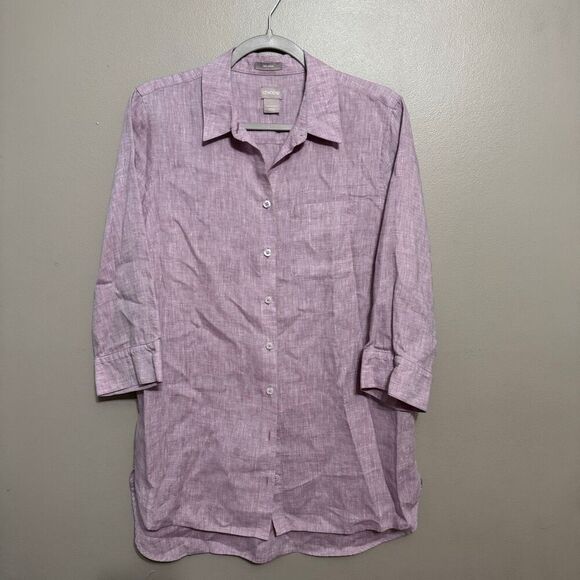 Chico’s no iron 100% linen high low button up shirt purple size 8/10 - Picture 2 of 7